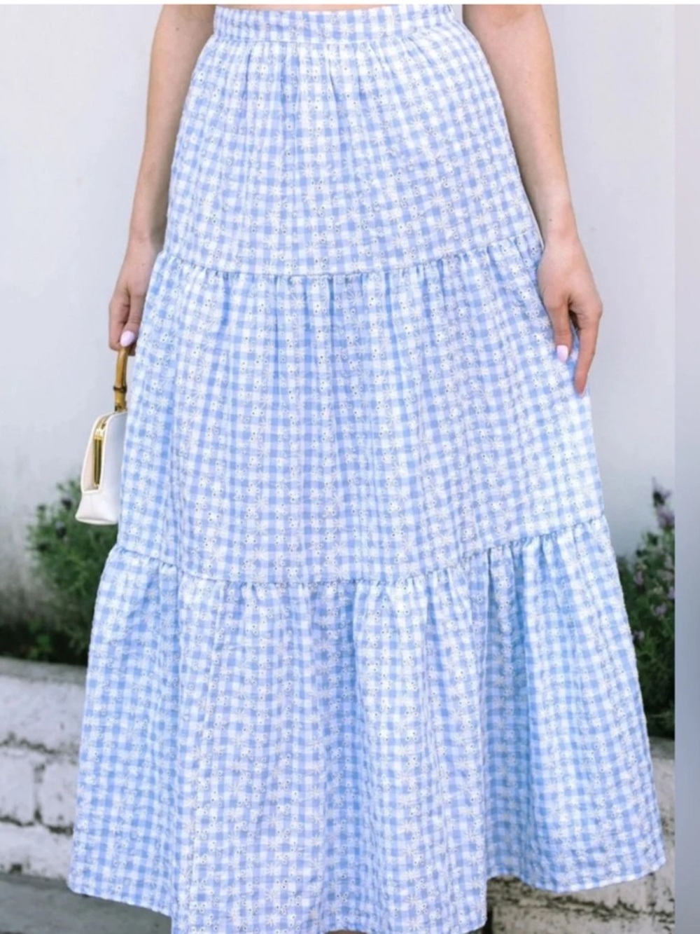 Anthropologie Jacquie The Label Blue White Gingham Eyelet Tiered Maxi Skirt